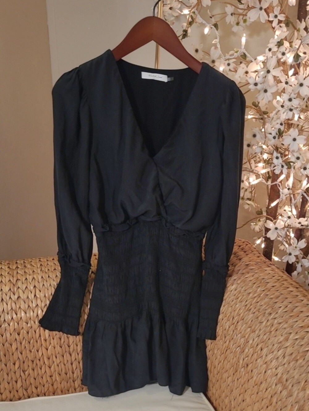 Black Smocked Waist Long-Sleeve Dress